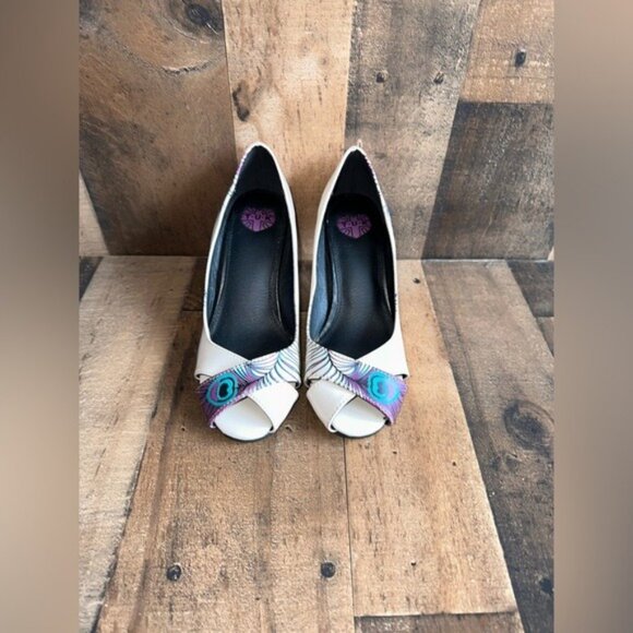 T.U.K. Peep-Toe Pumps With Peacock Feather & Turquoise Heel Size 6 Retro Style - Picture 3 of 7